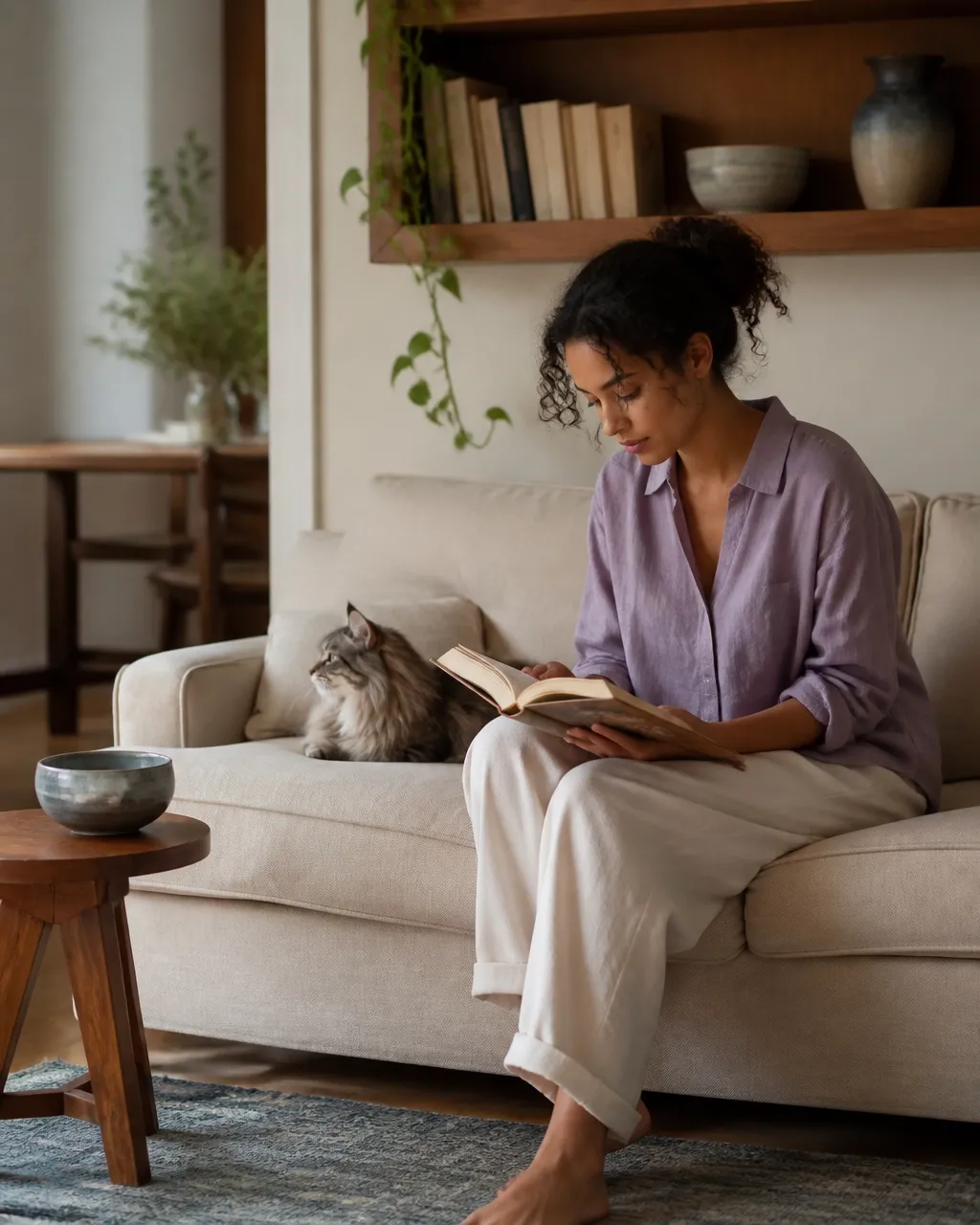 A woman reading with a calm cat beside her on a warm linen sofa