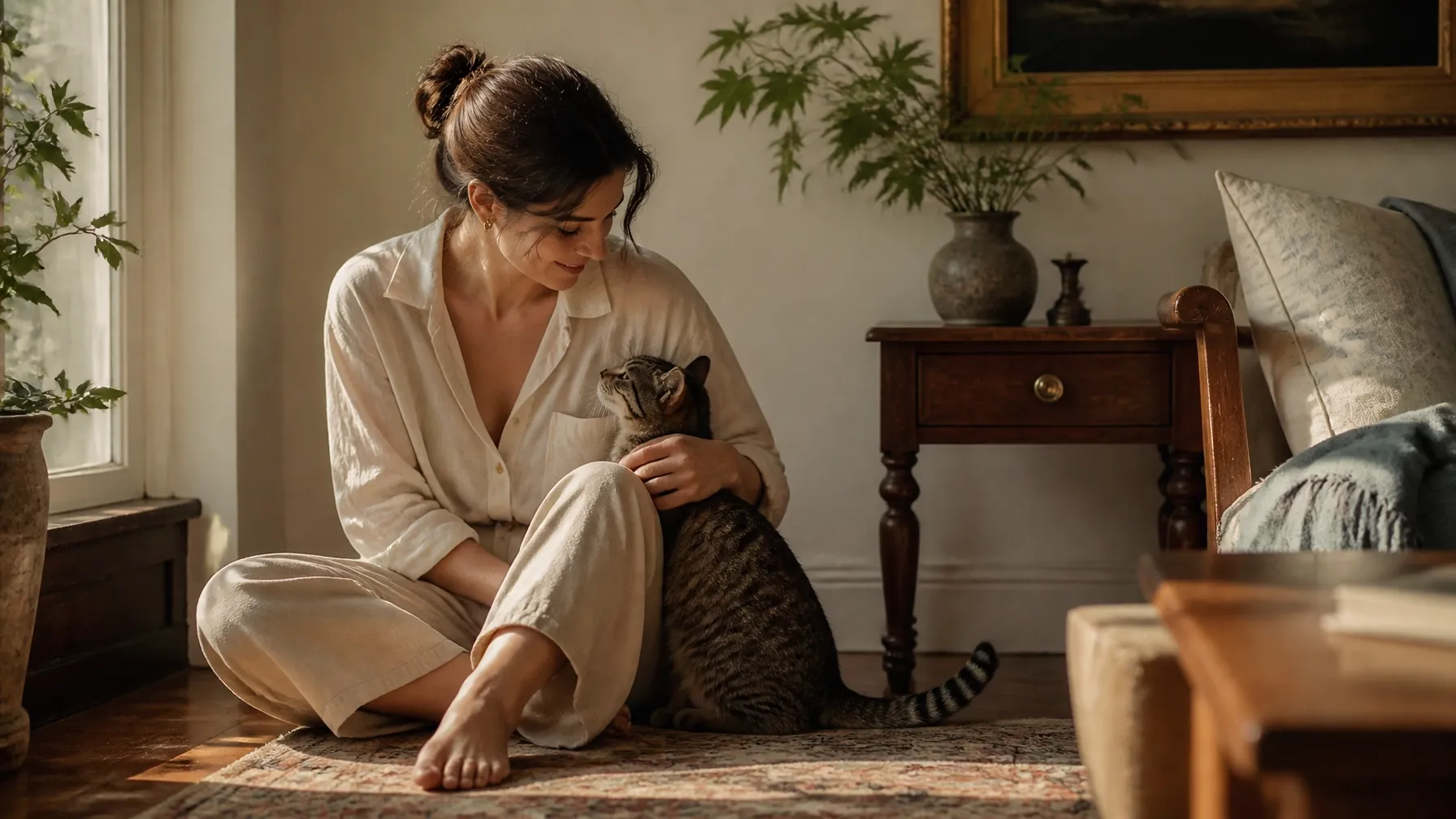 Woman sitting in a warm, sunlit home and gently spending time with a clearly visible tabby cat beside her
